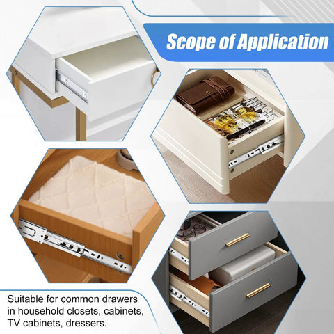 22 Inch Full Extension Drawer Slides Four Pairs Heavy Duty Ball Bearing Side Mount Runners For Dresser Kitchen Cabinet And Pantry Drawers displayed in various drawer setups.