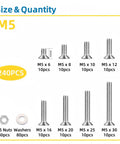 Totally Legit M5 Assorted Screw Kit 240 Piece Bundle With Socket Wrench 304 Stainless Steel flat head screws and nuts sizes.