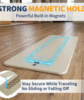 Aluminum RV Floor Register 2x10 With Magnetic Vent Cover For Inside Use showing strong magnetic hold on wooden floor