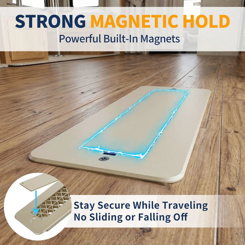 Aluminum RV Floor Register 2x10 With Magnetic Vent Cover For Inside Use showing strong magnetic hold on wooden floor