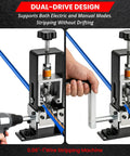 Dual Drive Wire Stripper Machine With Electric And Hand Crank Built For Scrap Copper Recycling And DIY Projects Heavy Duty Ultra Fast And Precise Handles Diameters From 0.06 To 1 Inch, shown with both drill and hand crank options for wire stripping.