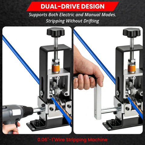 Dual Drive Wire Stripper Machine With Electric And Hand Crank Built For Scrap Copper Recycling And DIY Projects Heavy Duty Ultra Fast And Precise Handles Diameters From 0.06 To 1 Inch, shown with both drill and hand crank options for wire stripping.