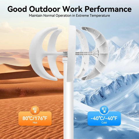 600W DC 24V Vertical Axis Wind Turbine Kit With Five Blades Lantern Motor in desert and snowy mountain setting