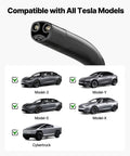 Tesla Level 1 2 Portable EV Charger 16 Amp With 25 Ft Cable showing compatible Tesla models and charging plug.