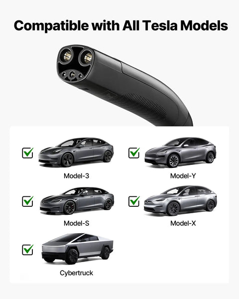 Tesla Level 1 2 Portable EV Charger 16 Amp With 25 Ft Cable showing compatible Tesla models and charging plug.