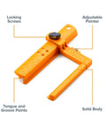Orange clamp edge jigsaw guide with locking screws, adjustable pointer, tongue and groove points, for precise cuts.