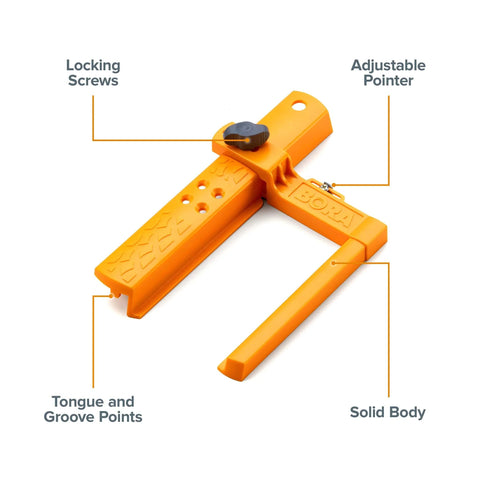 Orange clamp edge jigsaw guide with locking screws, adjustable pointer, tongue and groove points, for precise cuts.