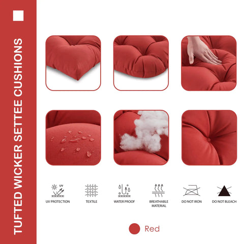 All Weather Tufted Wicker Chair Cushions Set for Outdoor and Indoor Use, 3 Piece Pack With 1 Loveseat Cushion and 2 U Shape Waterproof Cushions, Red, UV Resistant and Fade Resistant Polyester, Durable Patio Furniture Cushions details and features in red color.