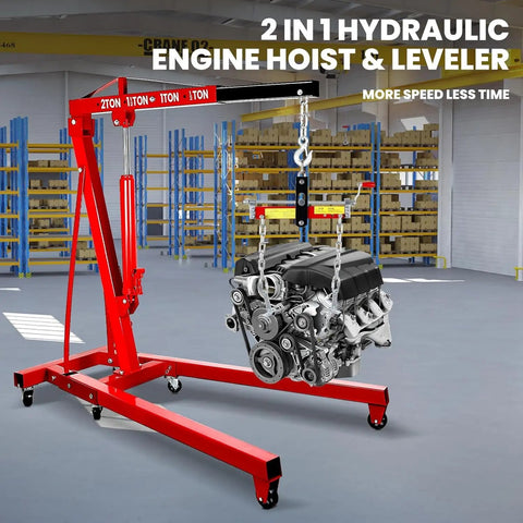 Heavy Duty Hydraulic Engine Hoist Cherry Picker Beast Mode Workhorse With 59 Inch Boom And 2 Ton Lifting Muscle For Rough Shop Jobs Built From Precision Welded Alloy Steel lifting an engine in a garage.