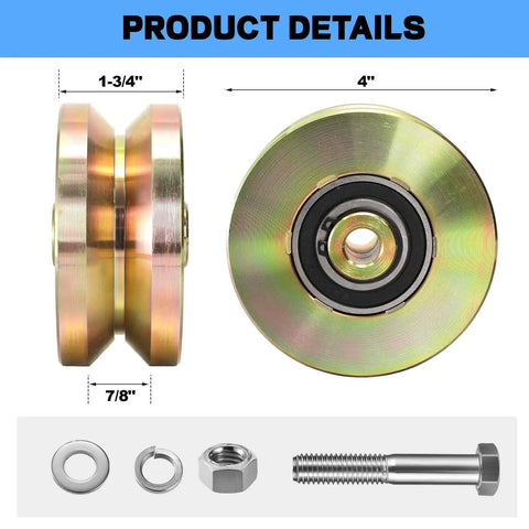 2 Pack 4 Inch Heavy Duty Sliding Gate Rollers With V Groove Track Design Double Sealed Bearings 3300 Lb Capacity showing dimensions and hardware.