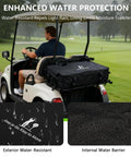 Golf Cart Storage Bag And Accessories For 2 Plus 2 Seats Heavy Duty Cargo Box With Strong Buckles And Adjustable Straps Fits Yamaha, Club Car, EZGO, Kandi And More No Drill Design Bag Only Weather Resistant on rear of golf cart showing enhanced water protection.