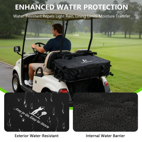 Golf Cart Storage Bag And Accessories For 2 Plus 2 Seats Heavy Duty Cargo Box With Strong Buckles And Adjustable Straps Fits Yamaha, Club Car, EZGO, Kandi And More No Drill Design Bag Only Weather Resistant on rear of golf cart showing enhanced water protection.