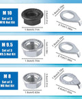Heavy Duty Bike Wheel Axle Nut And Hub Safety Washer Kit 18 Piece M8 M9.5 M10 shown with sizes for mountain bikes.