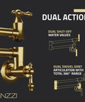 Wall Mount Pot Filler Faucet With 24 Inch Reach Pro Grade Dual Swivel Joints And Twin Handles Solid Brass Interior Stainless Steel Brushed Gold Finish Single Hole Install Wide Range Of Motion Dual Shut Off Valve close-up.