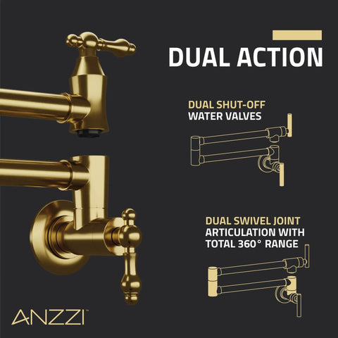 Wall Mount Pot Filler Faucet With 24 Inch Reach Pro Grade Dual Swivel Joints And Twin Handles Solid Brass Interior Stainless Steel Brushed Gold Finish Single Hole Install Wide Range Of Motion Dual Shut Off Valve close-up.