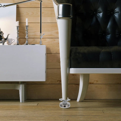 Adjustable Furniture Leg Levelers Set 3/8-16 Threaded, Heavy Duty Carbon Steel and Polypropylene Feet installed on chair