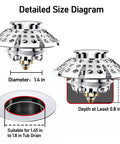 Detailed size diagram for Premium Pop Up Tub Stopper With Built In Hair Strainer, showing dimensions 1.4 in diameter, fits tub drains.