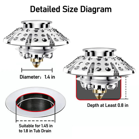 Detailed size diagram for Premium Pop Up Tub Stopper With Built In Hair Strainer, showing dimensions 1.4 in diameter, fits tub drains.