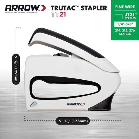 TruTac TT21 Forward Action Staple Gun For Upholstery, showing JT21 thin wire compatibility, side view display with dimensions.