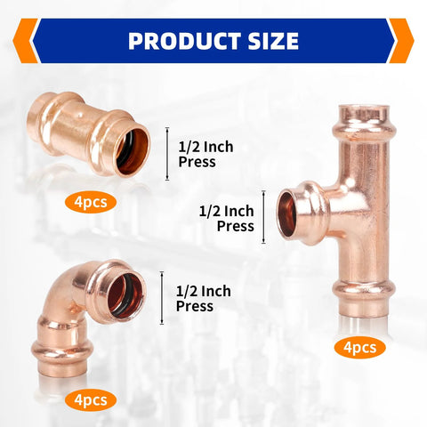 Front view of Znkiok 12-pack 1/2 in copper press fittings with elbow, tee and couplings (lead-free)