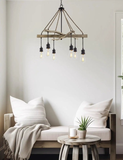Farmhouse Style 6 Light Rope Pendant Chandelier In Smoked Birch And Textured Black Finish Hanging in Cozy Living Room