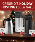 Cresimo's holiday hosting essentials with thermal coffee carafe sets for hot chocolate, coffee, and cider in festive setting.