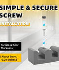 Heavy Duty Silicone Shower Door Bumpers 4 Pack installation guide showing screw and rubber bumpers for glass door thickness.