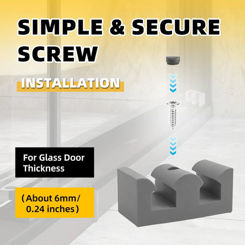 Heavy Duty Silicone Shower Door Bumpers 4 Pack installation guide showing screw and rubber bumpers for glass door thickness.
