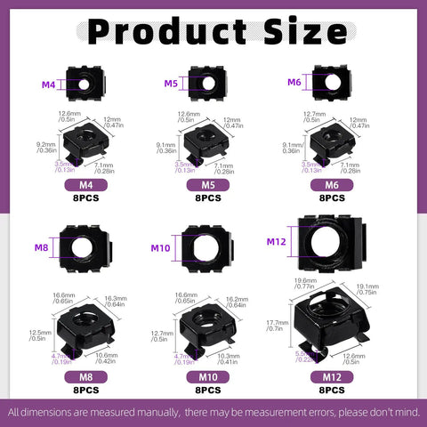 Heavy Duty Black Zinc Plated Carbon Steel Cage Nuts 48 Pc Assortment sizes M4 through M12 with measurements for server racks.