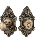 Old-School Victorian Plate Single Cylinder Deadbolt and Door Knob Set in Antique Brass, Solid Forged Brass, Complete Set