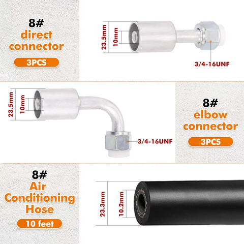 Air Conditioning Hose And Fittings Kit 26-Piece Set With 9.5-Foot Hoses In Sizes 6, 8 And 10 Includes Fittings And Pipe Cutter For DIY HVAC Repairs Great For Home Projects showing connectors and hose