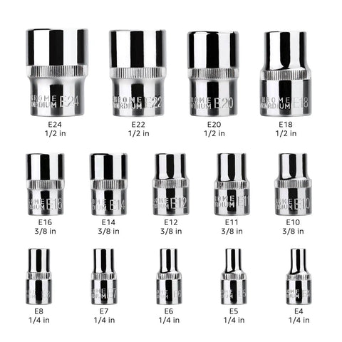 14 Piece External Torx Socket Set For Auto Repair E4 To E24 With 1/4, 3/8, And 1/2 Inch Drive In A Durable Case, Laser-Etched Sizes