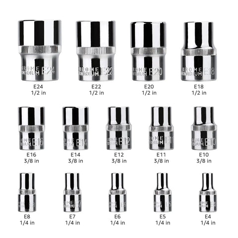 Chrome vanadium steel socket set with various sizes, visible knurled grip and mirror chrome finish. Not 1/4-inch drive extensions.