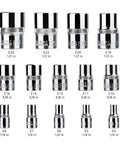 Set of 14 chrome sockets from Go-To 3/8-Inch Drive 6 Point Impact Socket Set With Carrying Case, 44-Piece Cr-Mo Steel Heavy-Duty Kit For Auto And Garage.
