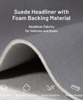 Close-up of gray suede auto headliner fabric with foam backing, rolled edge