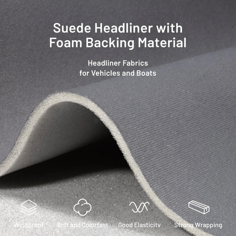 Close-up of gray suede auto headliner fabric with foam backing, rolled edge