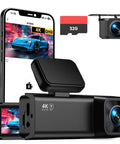 4K Front And Rear Dash Cam For Cars With Night Vision Dual Channel 170 Degree Wide Angle 1.97 Inch IPS Screen shown with 32GB card