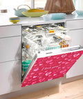 Valentine's Love Heart Magnetic Dishwasher Cover For Front Refrigerator Door with red heart design displayed on open dishwasher.