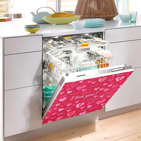 Valentine's Love Heart Magnetic Dishwasher Cover For Front Refrigerator Door with red heart design displayed on open dishwasher.
