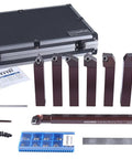 3/4 Inch Shank Indexable Turning And Boring Tool Set, 9 Piece Pro Kit With Uncoated Sharp Edge Carbide Inserts For Aluminum And Nonferrous Metals, Positive Rake With Built In Chipbreakers For Smooth Cuts displayed with case and accessories