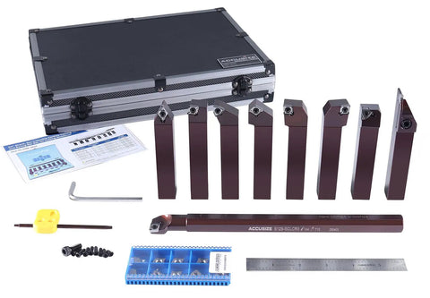 3/4 Inch Shank Indexable Turning And Boring Tool Set, 9 Piece Pro Kit With Uncoated Sharp Edge Carbide Inserts For Aluminum And Nonferrous Metals, Positive Rake With Built In Chipbreakers For Smooth Cuts displayed with case and accessories