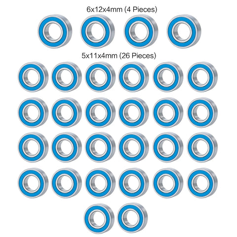 BRKRC 30-piece blue-sealed steel ball bearing kit: 4×6x12x4mm and 26×5x11x4mm for 1/14 RC trucks