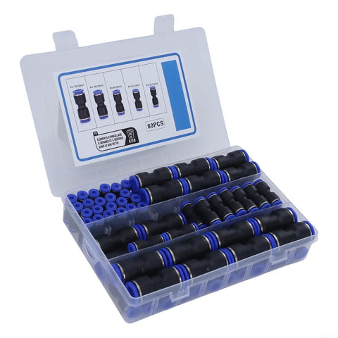 Super Fast 80 Piece Straight Push Connector Assortment For Pvc Nylon Pu Pa Pe Tubing With Release Rings Quick Install Pneumatic Hose Fitting Kit No Tools Needed High Pressure Secure Seal Works Great For 5/32 To 1/2 Inch Od Pipes And All Your DIY, 80-piece case