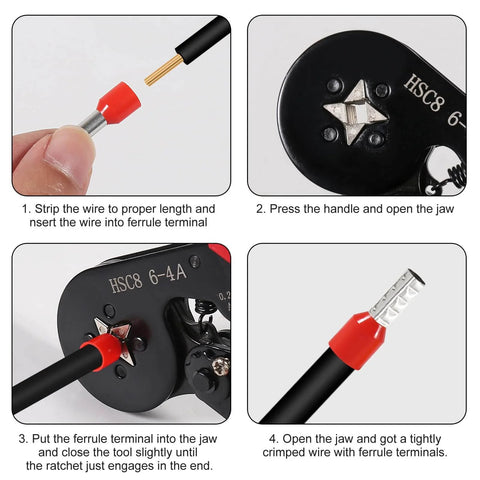 Crimp Tool Kit With 1200 Wire Terminals And Insulated Connectors For AWG 23 To 7, step-by-step crimping process shown.