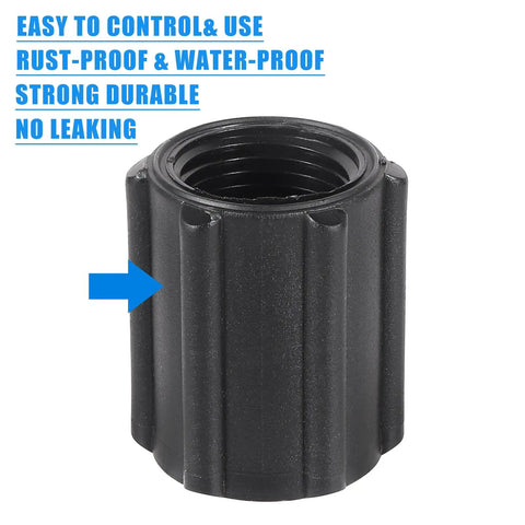 Ten Pack Half Inch Double Female Thread Pipe Couplings For Sprinkler And Irrigation Systems, durable black fitting