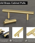Solid Brass Cabinet Pulls 5 Pack in Brushed Gold Finish Euro Style T Bar Handles with 3 Inch Hole Center shown on gray surface