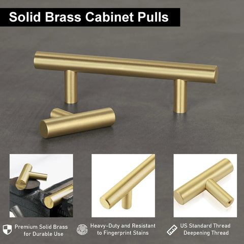 Solid Brass Cabinet Pulls 5 Pack in Brushed Gold Finish Euro Style T Bar Handles with 3 Inch Hole Center shown on gray surface