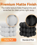 Graphic comparing Matte White PLA Filament 1.75mm 1kg Spool to standard PLA, highlighting premium matte finish and reduced fingerprint visibility.