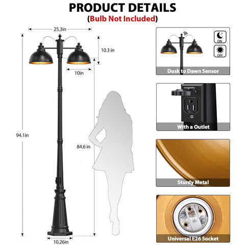 Double Head Dusk To Dawn Outdoor Lamp Post Lights With Outlet Farmhouse Aluminum Black Pole Lights dimensions and features.