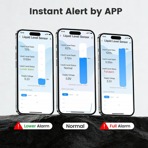 Smart WiFi Water And Oil Tank Level Sensor With Remote Alarm Monitor For Home Use showing app display on phones
